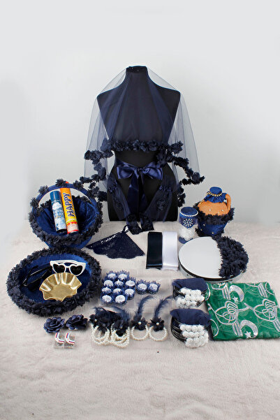 Mortex Lacivert Bol Çiçekli Lüks Kına Gecesi Seti | Gelin Damat Duvak ve Kına...