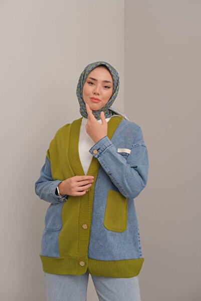 Suede Style 8648 - Knitwear Garnished Women's Denim Jacket