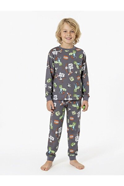 Free Beka Patterned Boys' Long Sleeve Cotton Bottom Top Pajama Set