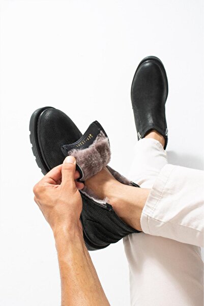 MEEGORA Men's Black Laceless-Zippered Genuine Leather-Fur Winter Boots
