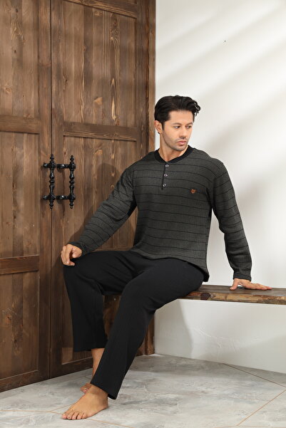 CALİA Winter Men's Interlock Collar Buttoned Long Sleeve Pajama Set