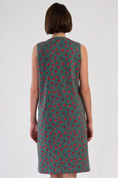 VİENETTA Women's Zero Sleeve V-Neck Zippered Patterned Silver Pine Home Dress C6T0N2804