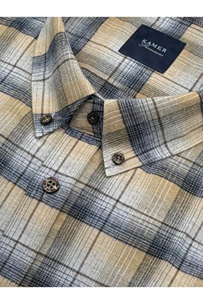 KAMER Men's Oversized (Plus Size) Winter Long Sleeve Button-Up Collar Single Pocket Plaid Beige Shirt 3570E