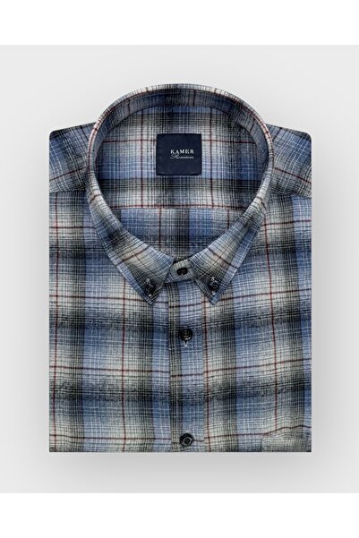 KAMER Men's Oversized (Plus Size) Winter Long Sleeve Button-Up Collar Single Pocket Plaid Blue Shirt 3573m