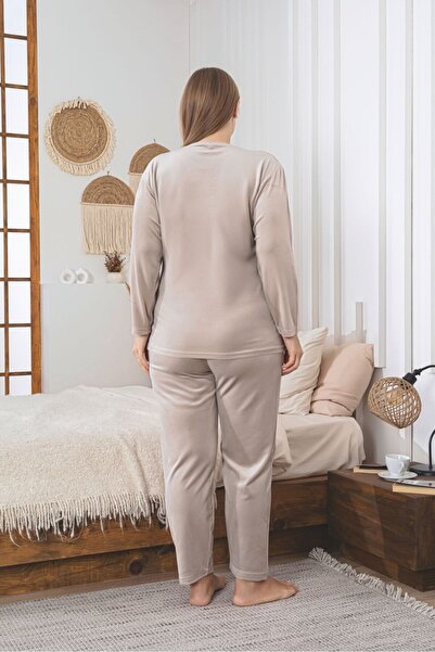 Asel Plus Size Stone Color Long Sleeve Velvet Pajama Set
