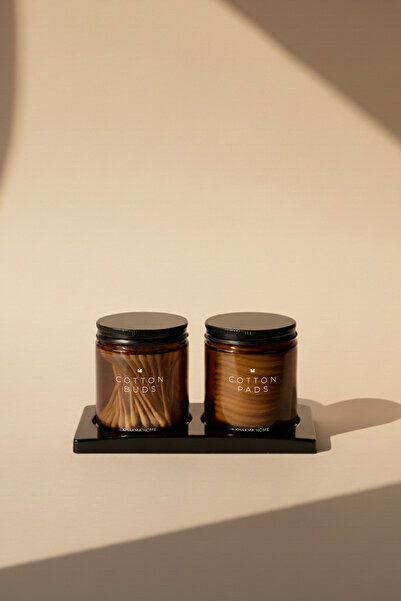 KHAKMA Set of 2 Amber Glass Bathroom Organizer with Stand – Written as Cotton Buds & Cotton Pads – 250 ml