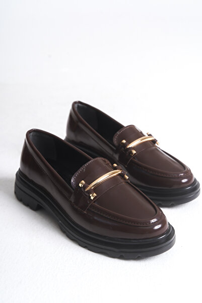 Redoxy Women's Lightweight and Thick-Soled Daily Casual Oxford, Buckle Detailed Brown Patent Leather Loafer Shoes