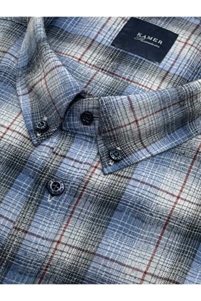 KAMER Men's Oversized (Plus Size) Winter Long Sleeve Button-Up Collar Single Pocket Plaid Blue Shirt 3573m