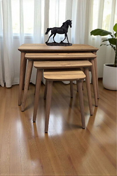 ehven 4'Lü Işıltı Zigon Sehpa Takımı Doğal Çam Ahşap 1.Sınıf MDF Dekoratif Set