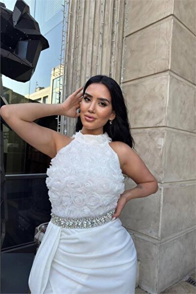 Dipmoda Kadın gül detaylı taş kemerli yırtmaçlı abiye elbise DPNC2527