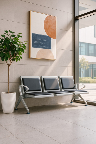 MARIA HOMES Silver 3-Seater Waiting Chair 175×68×78cmMetal Frame Bench with Cushions for Hospital & Reception