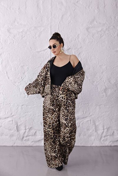 BRGCLOTHING Z.R Muadil Leopar Set de jachetă bomber din satin texturat premium și pantaloni