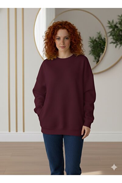 VOICTEC Women's Oversized Crew Neck Fleece-Lined Three Thread Sweatshirt