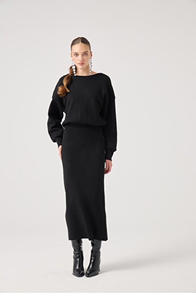 HOLLY LOLLY Soft Textured Long Jacey Knitwear Dress Black