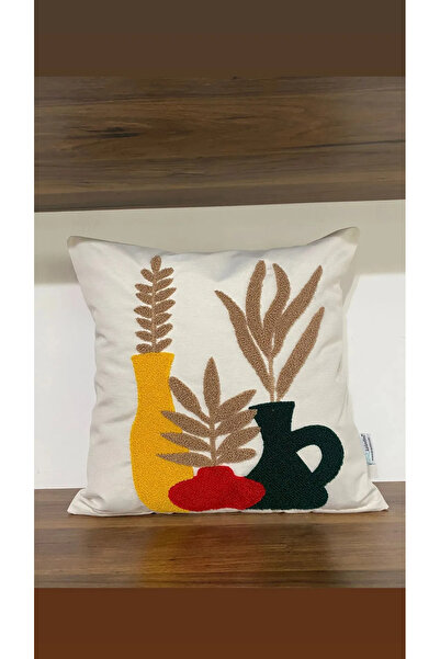 KIRLENTİM غطاء وسادة مزين بنقشة فازة مطرزة على قماش الكتان الكريمي