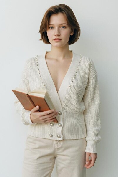 NEWCO Pearl Button Detailed V-Neck Knit Textured Women's Knitwear Cardigan – Stylish and Comfortable Design