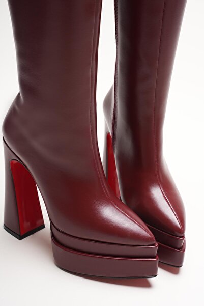 Ayakkabı Ateşi Women's Double Platform Pointed Toe High Heel Boots Jolly Burgundy Skin