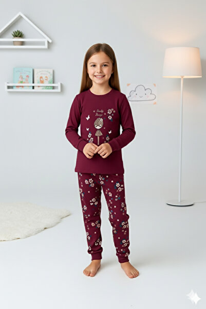 ROSAMİNA Girl's 100% Cotton Burgundy Floral Pattern Pajama Set