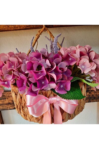 Lotus Hediye Hasır Sepetli Ortancalı Kapı Süsü-Çelenk-Duvar Dekoru-Mutfak Duvar Dekoru-Kış Bahçesi