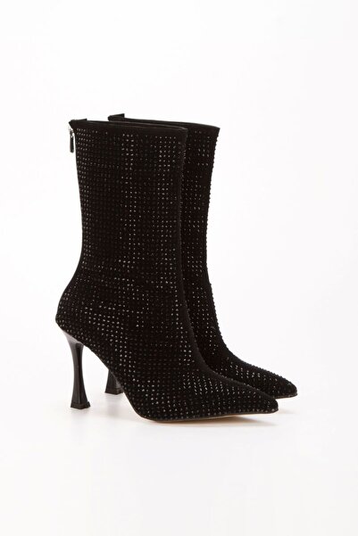 Demashoes Cizme de damă cu toc subțire din piele intoarsa neagra Black 9 cm