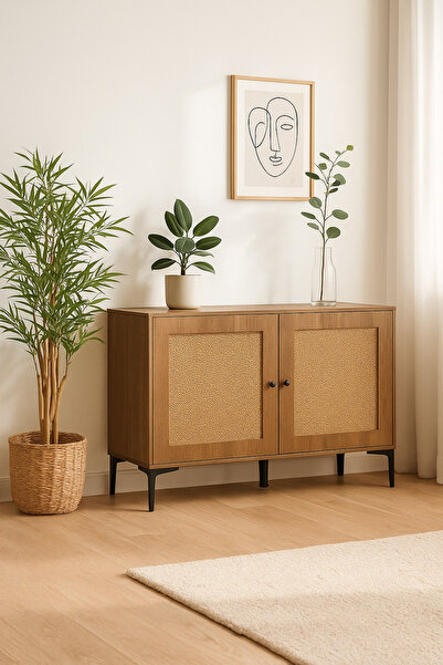 MARIA HOMES Brown Rattan Console Table 120×40×85 cm – Modern Wooden Storage Cabinet with Black Metal Legs
