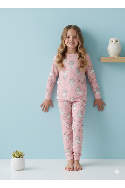 ROSAMİNA Girl's 100% Cotton Pink Cat Pattern Pajama Set