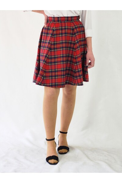 YAXİ Plaid Patterned Red Six-Piece Lycra-Free Woven A-Line Skirt