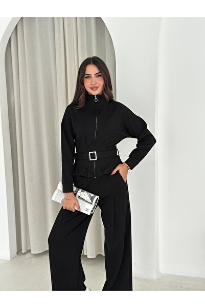 Gugus Women's Trendy Belted Waist Standing Collar Zippered Pocket Tracksuit Set