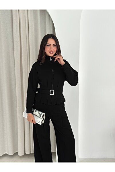 Gugus Women's Trendy Belted Waist Standing Collar Zippered Pocket Tracksuit Set