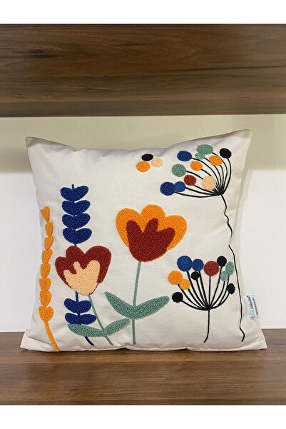 KIRLENTİM Кремава ленена калъфка за възглавница с цветен флорален мотив и бро...