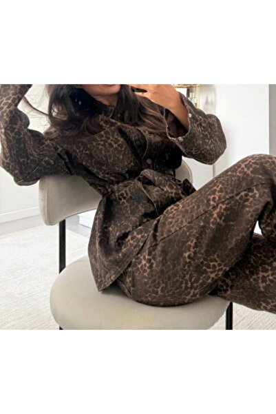 SHILSEE BEUTİQUE Women's Leopard Printed Shirt and Pants Suit with Tie Detail