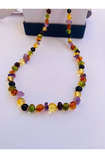 NİSSBEBE Certified Original Damla Amber Baby Kids Necklace (with Amethyst Stone) and Adult Turquoise Bracelet