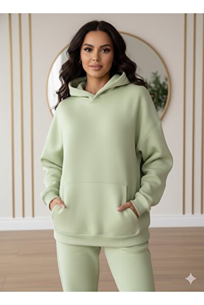 VOICTEC Kadın Oversize Şardonlu Üç İplik Kapüşonlu Kanguru Cep Sweatshirt Hoodie