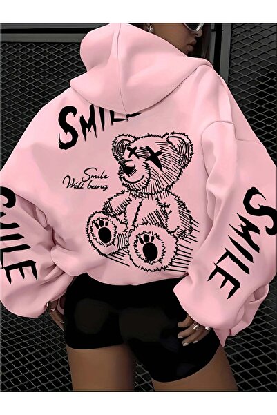 GALASHOP Kadınlar İçin Neşeli Yüz & Ayıcık Desenli Kapüşonlu Sweatshirt