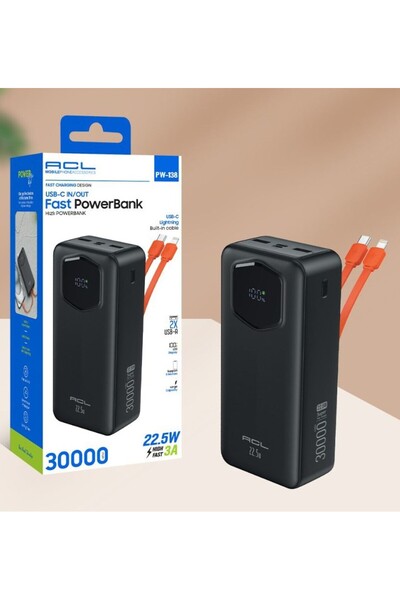 ACL PW-138 - 22.5W 3A 30.000mAh Hızlı Şarjlı Dahili Kablolu LCD Göstergeli Hızlı PowerBank