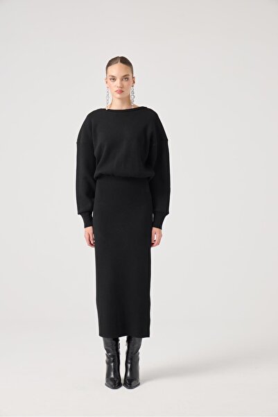 HOLLY LOLLY Soft Textured Long Jacey Knitwear Dress Black