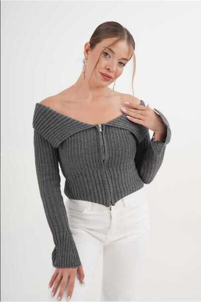 lavanderboutiquee Madonna Yaka Full Fermuarlı Gri Triko Hırka