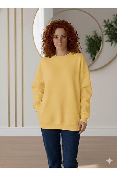 VOICTEC Women's Oversized Crew Neck Fleece-Lined Three Thread Sweatshirt