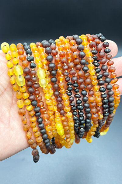 İpek Kehribar Matte Rainbow Amber Necklace, Certified Amber Baby & Child Teeth Necklace, Brown Thread Silk-523