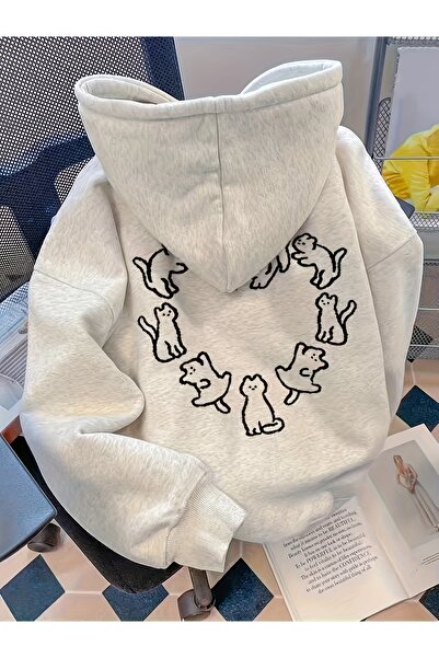 GALASHOP Kadın Sevimli Kedi Desenli, gri Hoodie