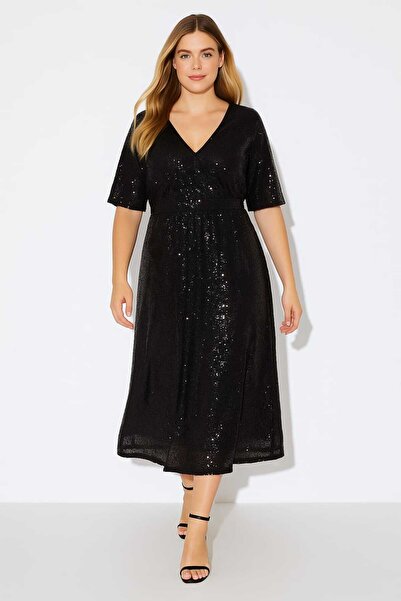 Şans Kadın Büyük Beden Siyah, Pul Payet İşli, Bel Lastik Detaylı, V Yaka Abiye Elbise 65N39200