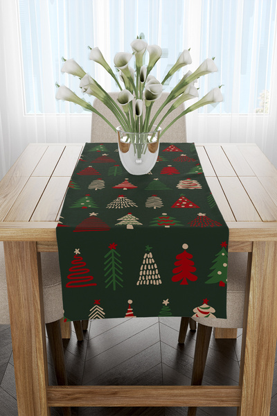 EsnafAli Koyu Yeşil Kırmızı Çam Ağacı Desenli Yılbaşı Runner 40x140