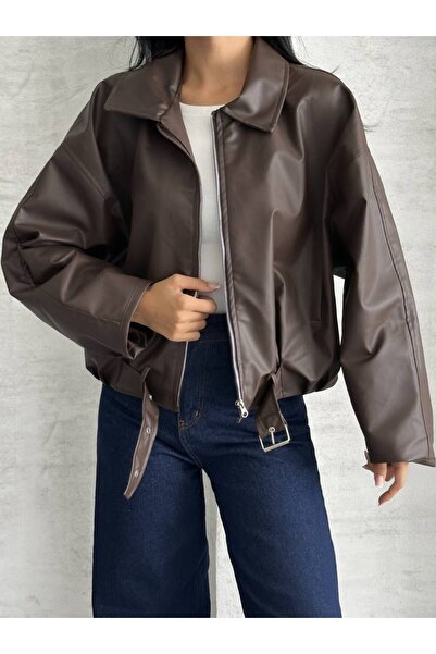 moda çağdaş سترة جلدية كبيرة الحجم مع تفاصيل حزام