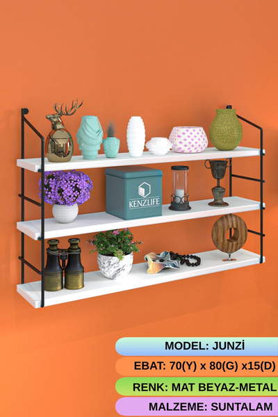 Kenzlife mutfak banyo duvar rafı junzi mat beyaz suntalam 070(Y)*80(G)*15(D)3 KATLI