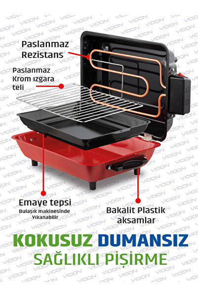 Vioon Pazaraza Elektrikli Izgara Barbekü Mangal Kebapçı Balıkçı Emaye Gövdeli Büyük Boy 40x30 Cm