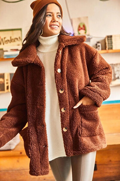 bysoca Women's Brown Oversized Shirt Collar Long Sleeve Pocketed Front Button...