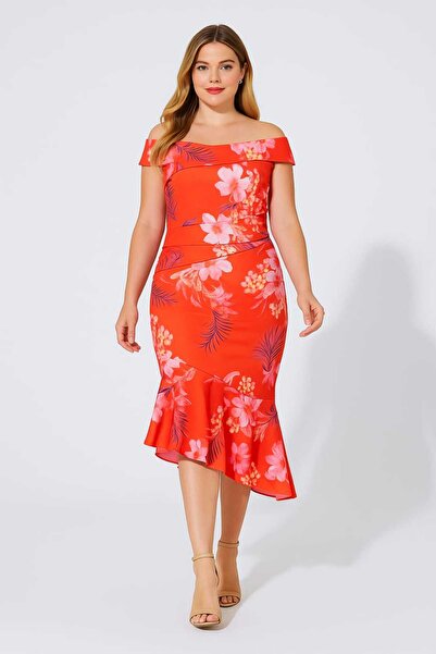 Şans Women's Plus Size Pomegranate, Carmen Neck Asymmetric Cut Flower Pattern Scuba Fabric Dress 65N39199