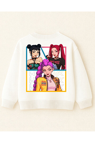 fasardi K-pop Demon Hunters Huntrix Zoey Rumi Mira Ön Arka Baskılı Şardonsuz Oversize Kız Çocuk Sweatshirt