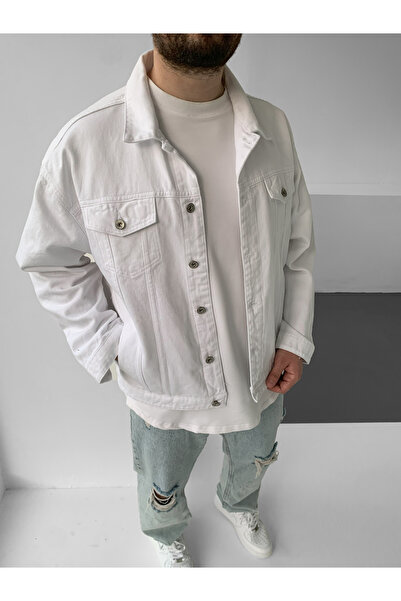 NO1 KONSEPT سترة دينم بيضاء قصة فضفاضة بأزرار أساسية