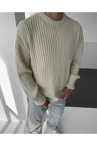 NO1 KONSEPT Πλεκτό πουλόβερ με λαιμόκοψη σε μπεζ χρώμα κοτλέ